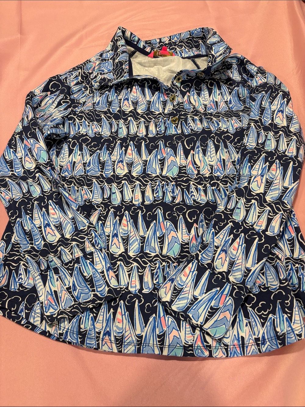 Lilly Pulitzer Captain Popover Low Tide Navy Sails & Stripes Gold Buttons Size L